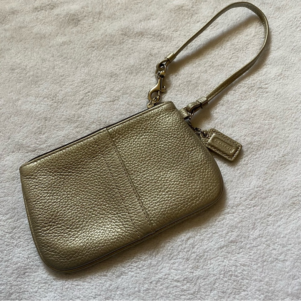 Coach metallic gold bronze pebble leather wristlet pouch